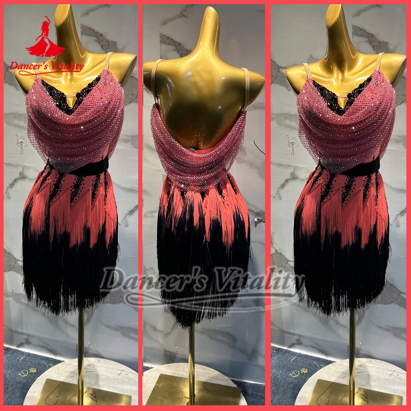 

Латинские танцы для взрослых, красно-черный градиент цвета, кисточки, сетка, слинг без рукавов, одежда для конкурса, роскошная одежда по индивидуальному заказу