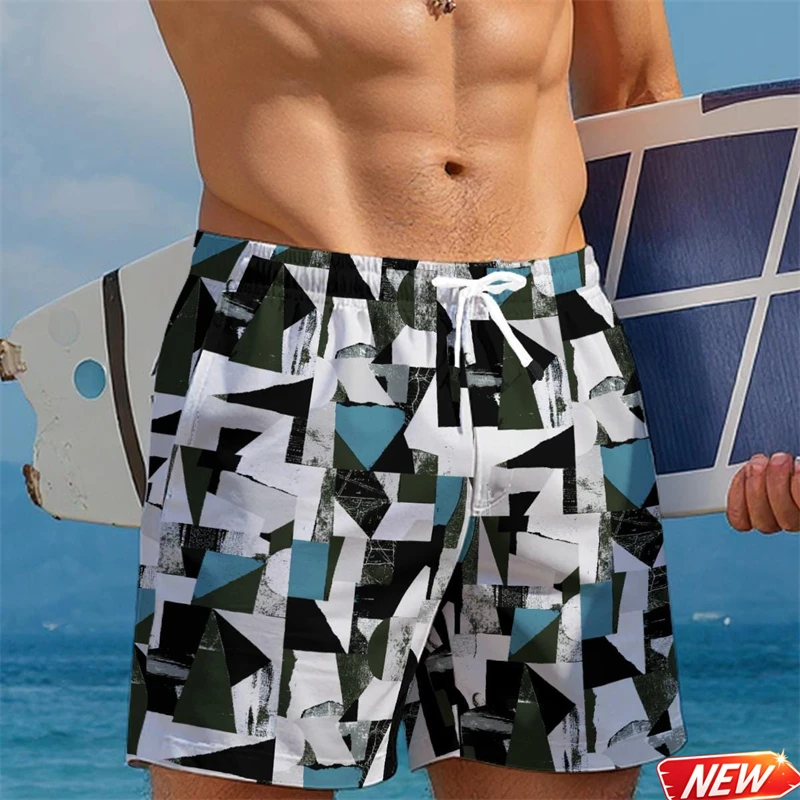 Abstract Geometric Grid Graphic Beach Shorts Men Summer Popular Surfing Board Shorts Streetwear Casual Quick Dry Swimming Trunks