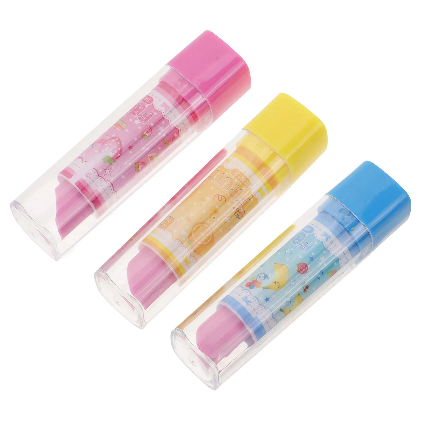 

3pcs Lipstick Fruit Pattern Design Kids Stationery Novelty Fruit Pattern Eraser Pencil Eraser For Students Random Color