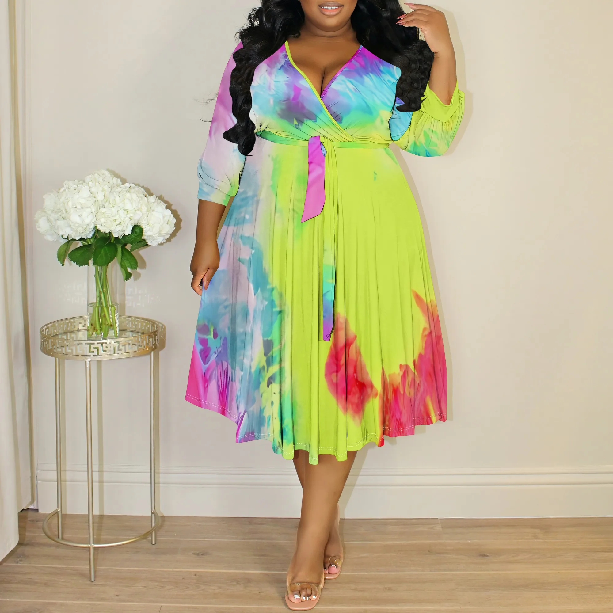 

Neon Tie Dye Plus Size Midi Dress XL-6XL Colorful V-Neck Belted Dress for Summer Party or Beach Festival Look