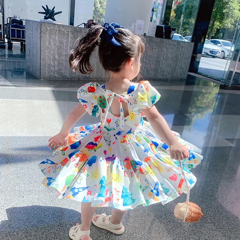 1-7Years Old Summer Kids Girls Dress Rainbow Color Children Cute Graffiti Dress Girls Backless Dress Children's Skirt