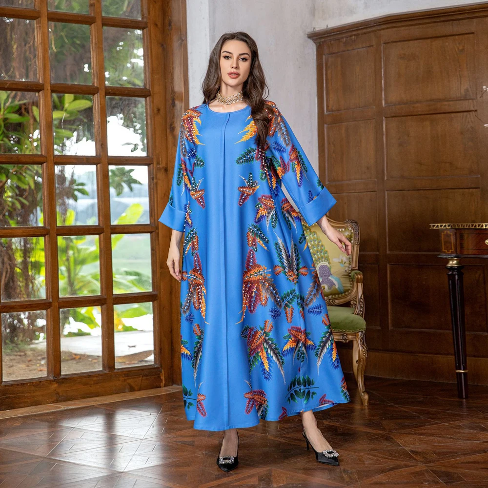 Ramadan Muslim Women Oriental Dresses Arab Fashion Dubai Printing Beading Casual Abayas Jalabiyat Moroccan Saudi Kaftan