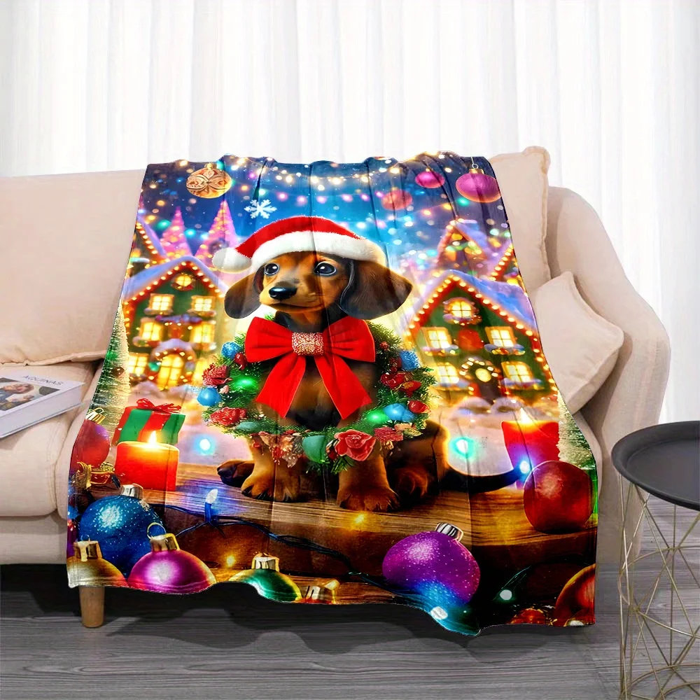 Holiday Christmas Dachshund with Santa Hat Print Flannel Throw Blanket Reversible, Soft Non-Woven Polyester, Digital Print