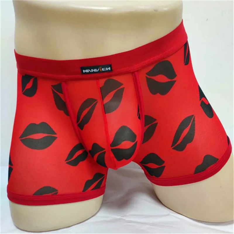 Men See through Boxer Briefs Shorts Underwear Panties Mesh Bulge Pouch red lips
