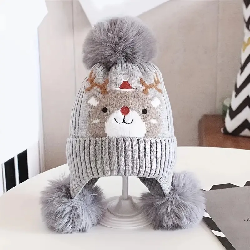 Weihnachtsmütze mit Ohrenklappe für Kinder – dicke warme Wintermütze mit Rentier-/Schneemann-Aufdruck, Urlaubs-Cartoon-Mütze für Jungen und Mädchen