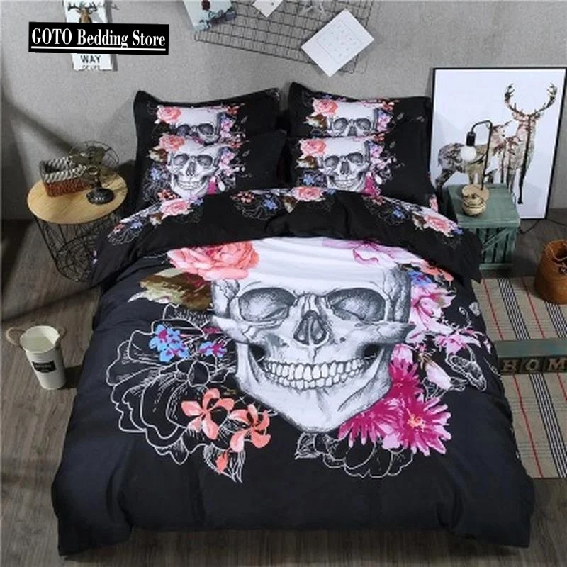 

Sugar Skull Comforter Cover Set King Size Skulls Decor Bedding Bones Skeleton Roses Floral Duvet Cover Set Bedding Cover Zipper