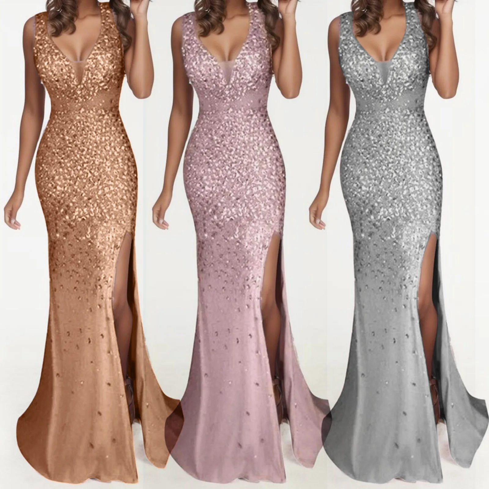 Sexy V Neck Sequin Party Dress Floor Length Evening Prom Long Gown Elegant Women Solid Color Sleeveless Split Maxi Dresses Robe