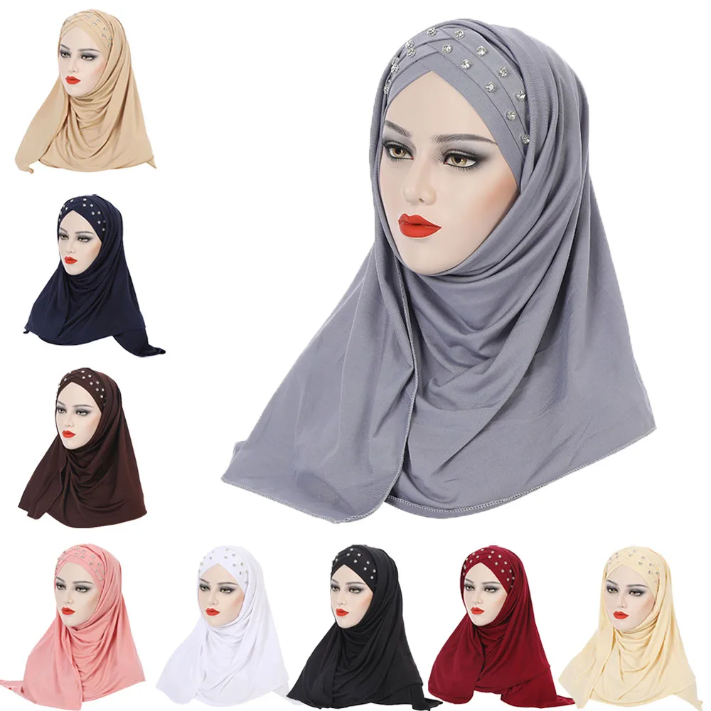 

Muslim Women Cross Underscarf Instant Scarf Diamonds Headscarf Hijab Islamic One Piece Amira Pull On Ready Made Shawls Wrap Hat