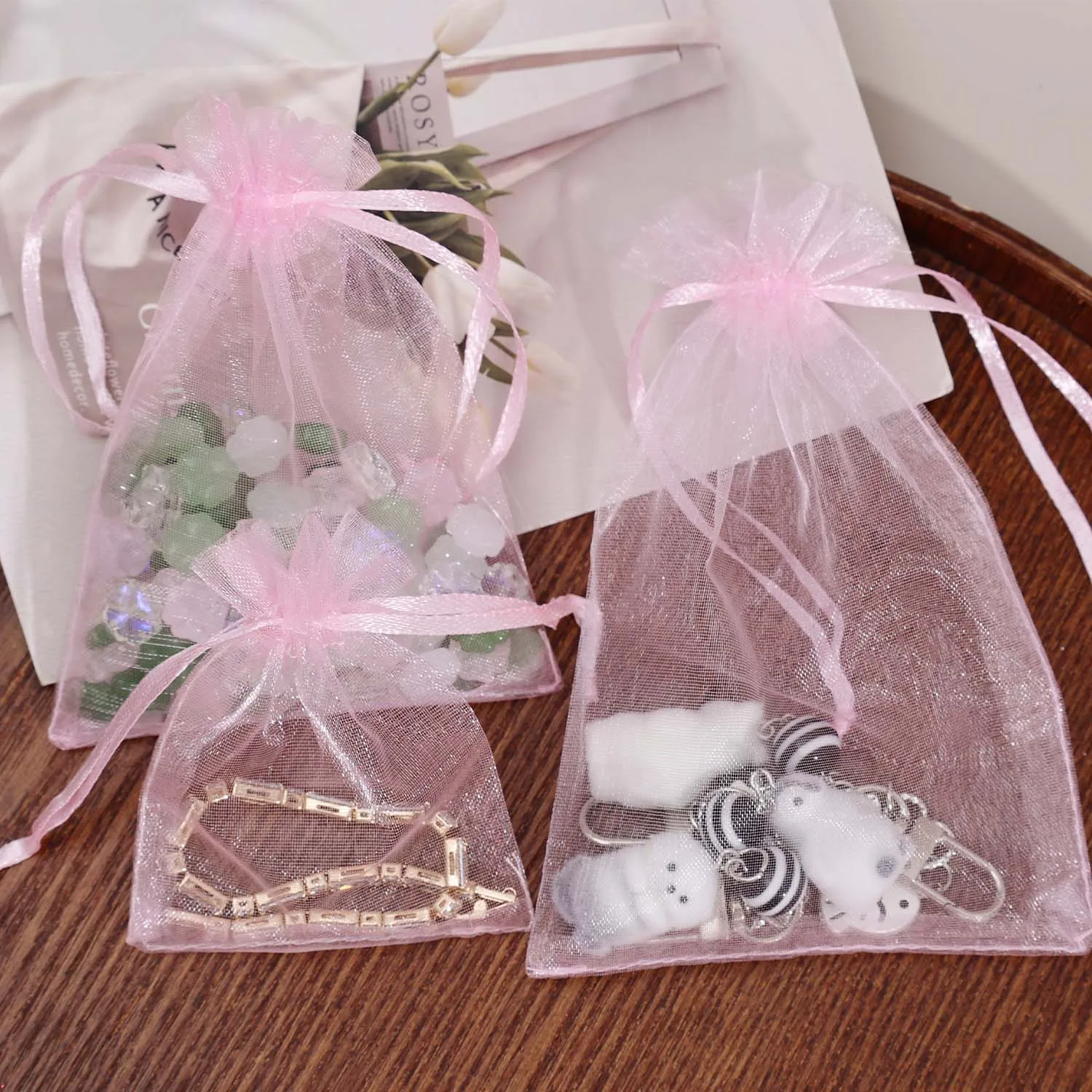 Pink Mesh Organza Drawstring Bags for Jewelry Gift Packaging Small Pouches Earring Wedding Party Favor Candy Storage Bags Decor