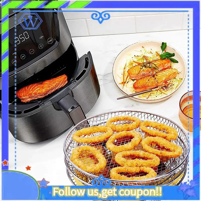 

A55P-2Pcs 8-Inch 3-Layers Air Fryer Rack Stackable Grid Grilling Rack Stainless Steel Round Rack For Home Kitchen Oven Cooker