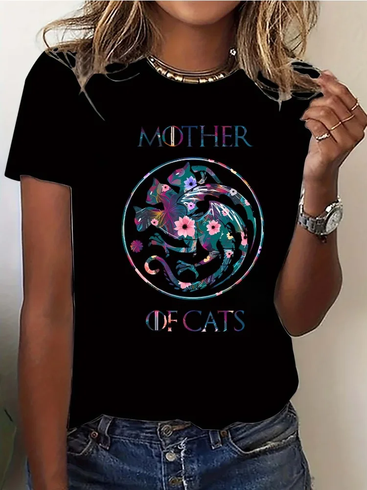 Women Elegant Casual ShortSleeve T-Shirt MOTHER OF CATS Pattern Round Neck Top Lively Watercolor Cat Design Four Seasons T-Shirt