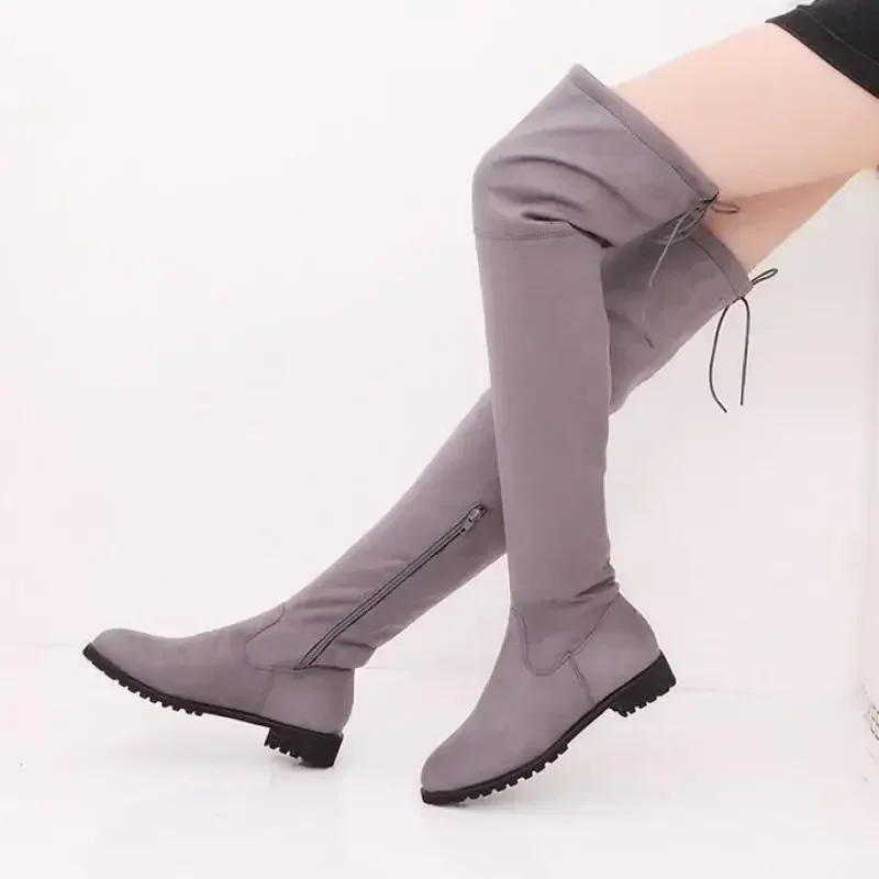 Botas planas de ante para mujer, zapatos de fiesta por encima de la rodilla, con punta redonda y cordones, estilo callejero, a la moda, novedad,