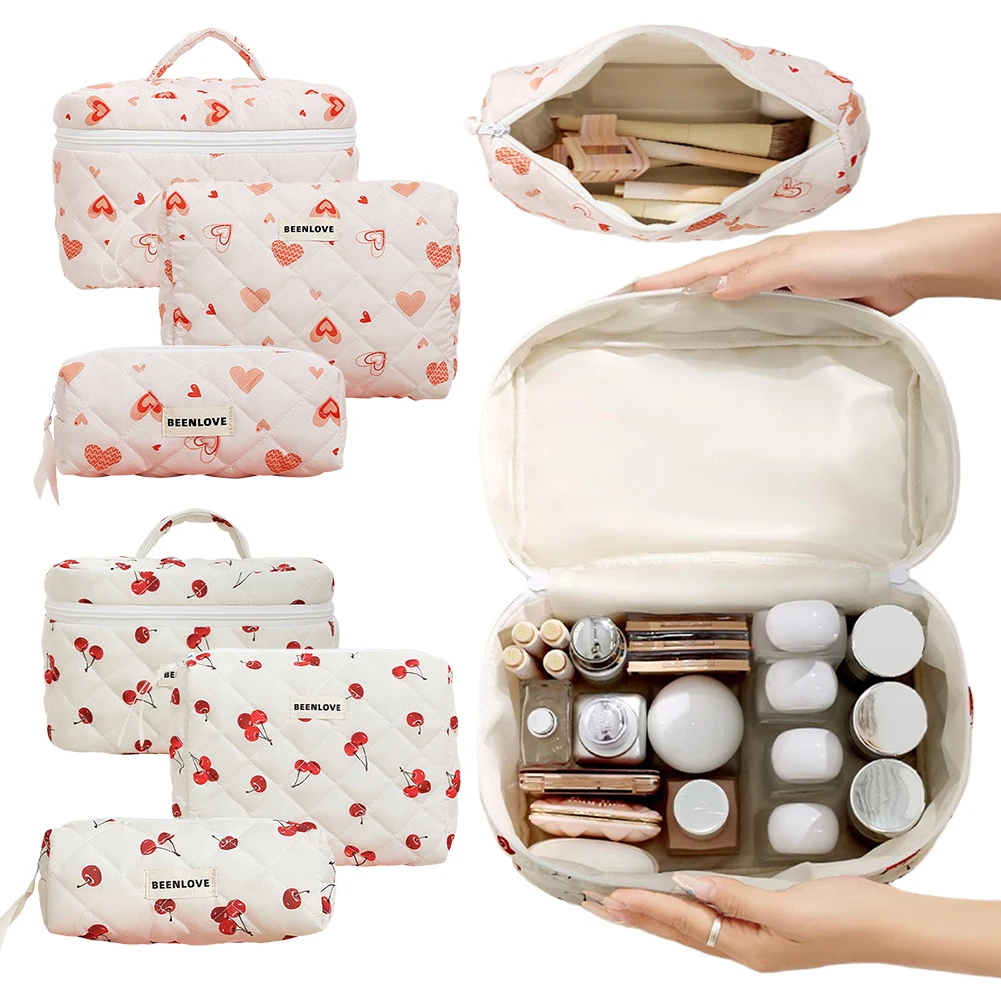 Women Quilted Makeup Bag Makeup Storage Bag Large Capacity Portable Cosmetic Pouch Cherry/Heart Pattern Outdoor Travel Bag