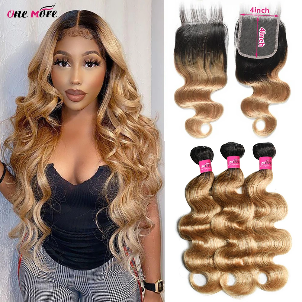 Mèches Body Wave 100% naturelles avec closure, couleur blond miel 1B 27, 4x4 pouces, partie libre