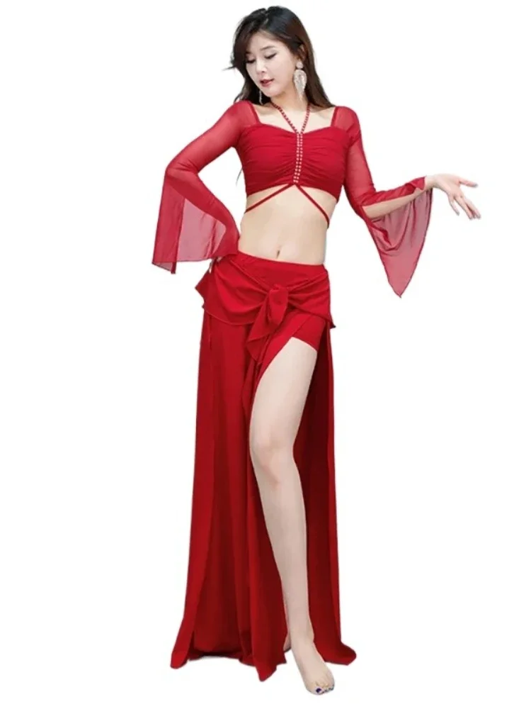 

Belly Dance Costume Long Sleeve Top & Skirt 2 Pcs Set For Adult Women Stage Performance Sexy Mesh Wear Outfit Practice Clothes