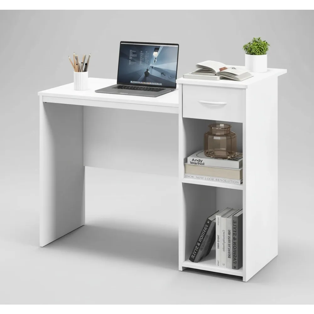 مكتب كمبيوتر أبيض حديث مع رف ودرج قابل للتعديل، محطة عمل مدمجة لدراسة الكتابة للمكتب المنزلي