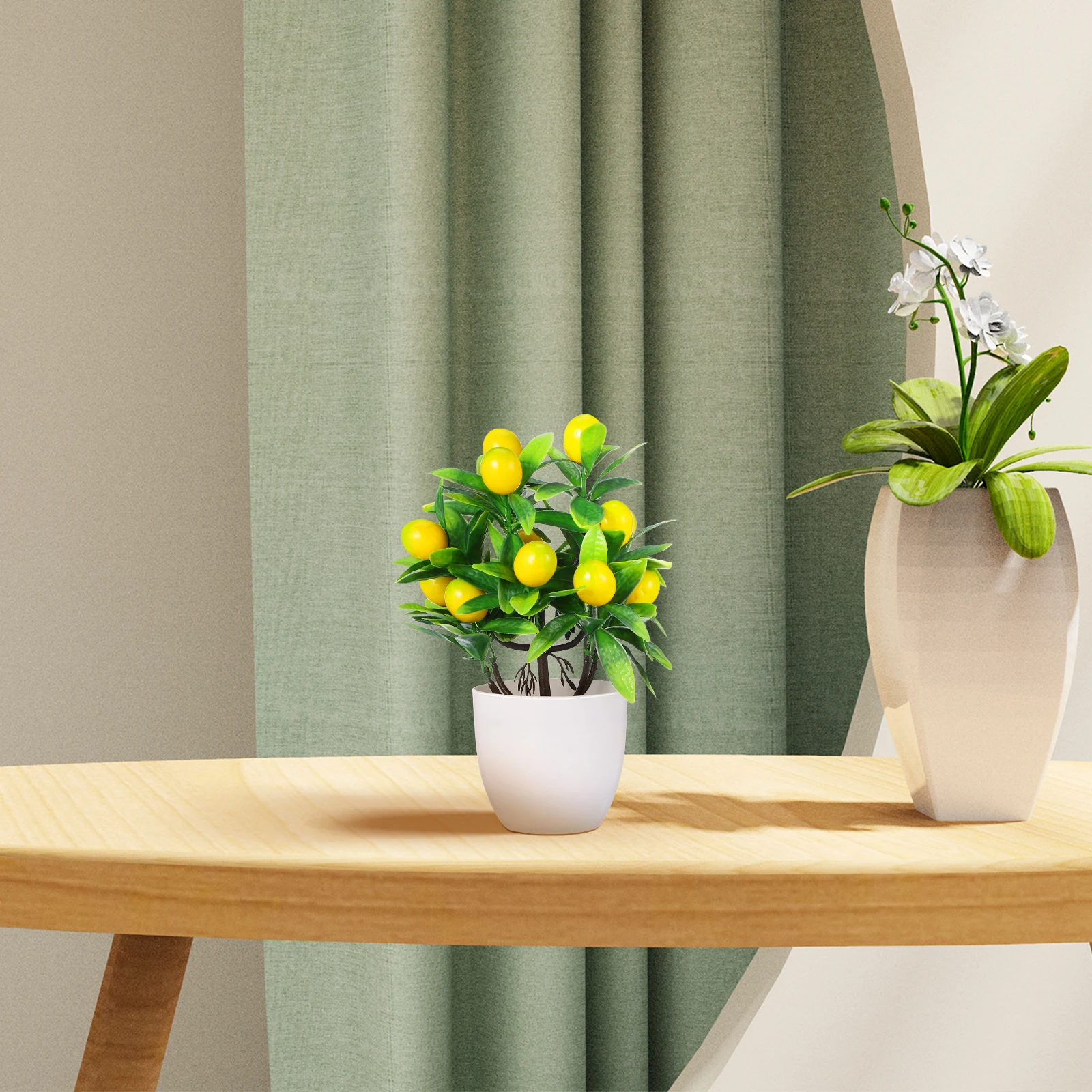 

Mini Lemon Tree Potted Plant Artificial Bonsai Yellow Pot Desk Home Office Decor Realistic Faux Green Plant Ornaments Table
