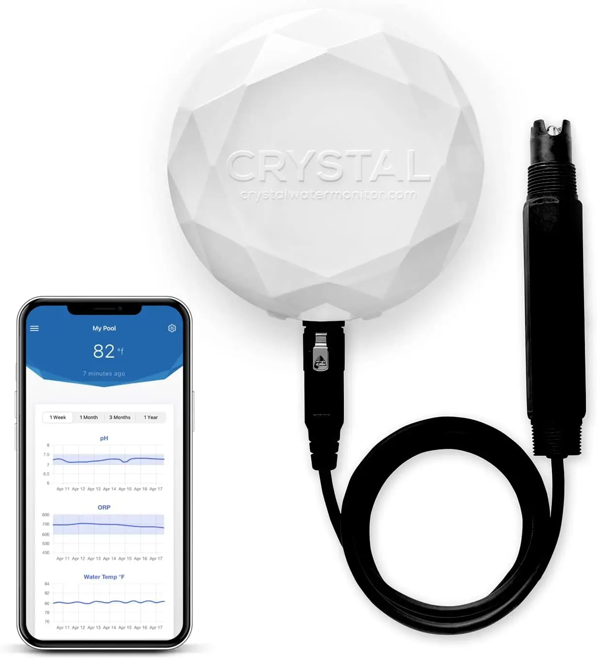 

Crystal Smart Water Monitor for Chlorine & Bromine Pools, Hot Tubs & Swim Spas - 24/7 Continuous Digital Water Testing with App