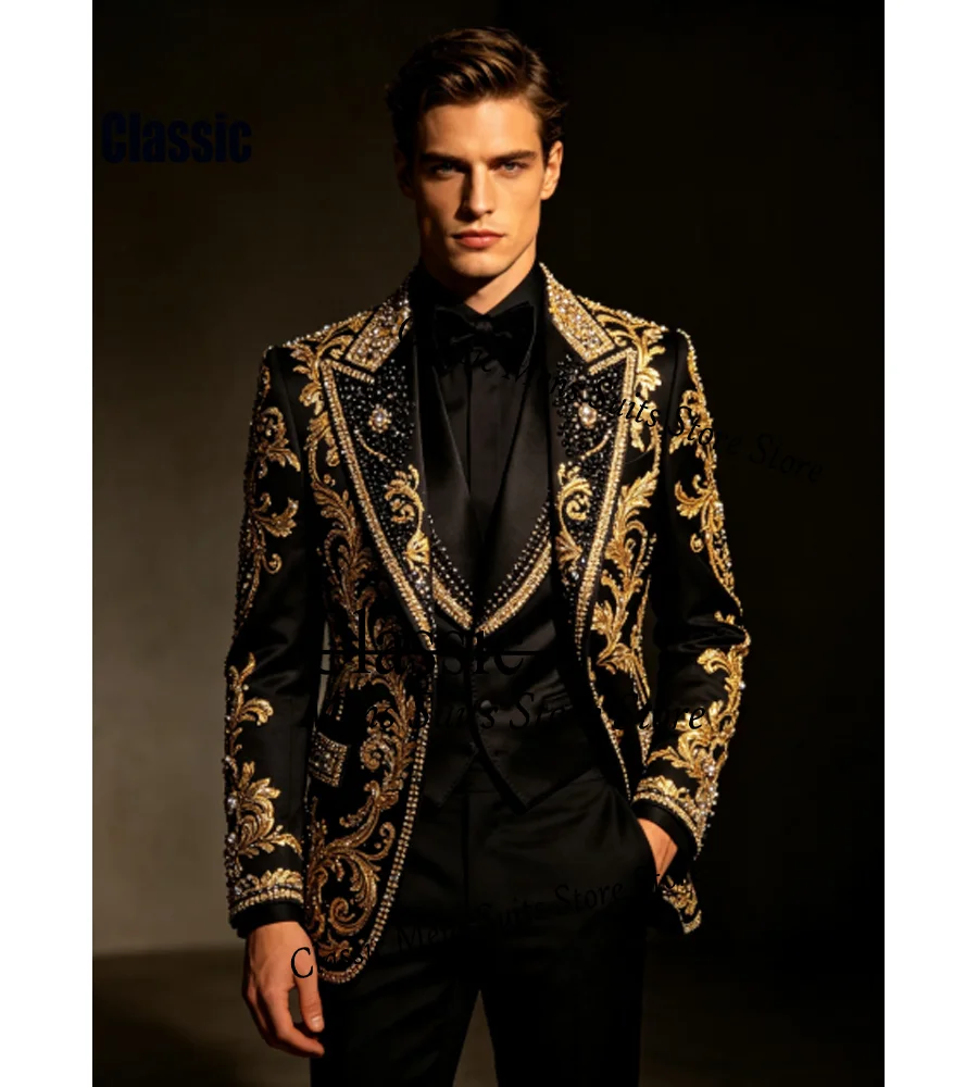Customized Crystal Embroidery For Men Suit Sparkly Sequin 2 Pieces Groom Male Blazers Ropa hombre Luxury Slim Evening Tuxedos
