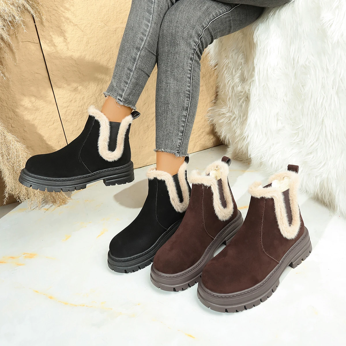 

Women Snow Boots Solid Color Plush Snow Boots 2025 Winter Zipper Bottom Anti Slip Warm Cold Proof Cotton Shoes Zapatos De Mujer