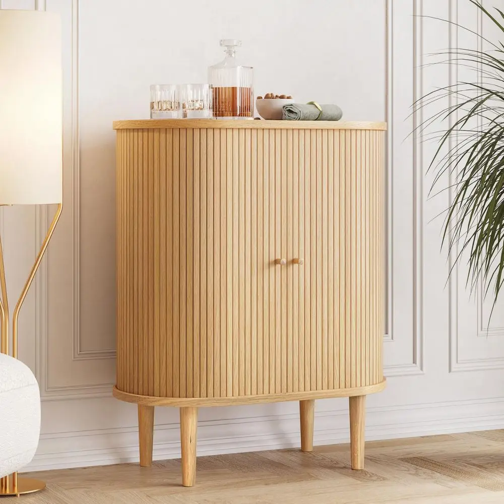 

28 Fluted Bar Cabinet with Sliding Doors, Hidden Storage and Adjustable Shelf Modern Liquor Cabinet and Narrow Wine Bar, Small