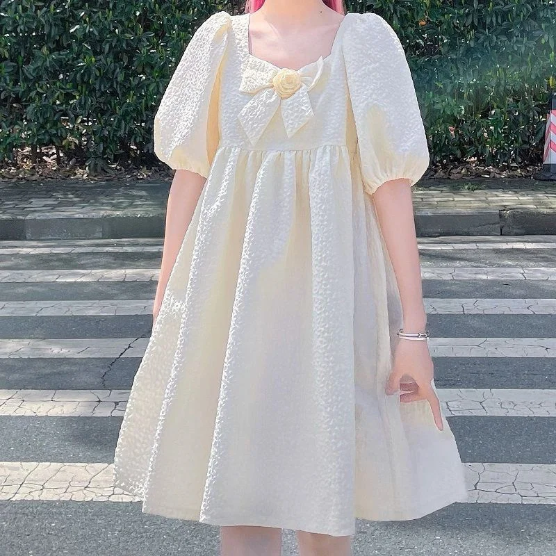 

plus Size Women's Summer Dr with Bow Knot Loose Bubble Sve Knee-Length A-Line Dr for Plump Women College Sle