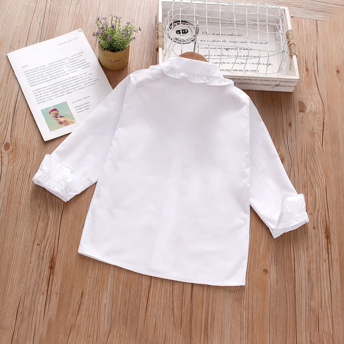 Spring Baby Girl\'s White Shirt Solid Pocket Decorative Polo Long Sleeve Top Bottom Shirt