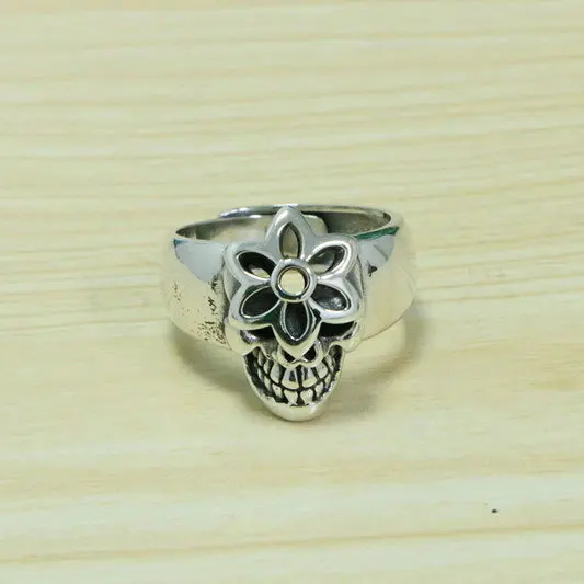

S925 Sterling Silver Rock Cherry Blossom Ring Wide Face Gothic Handmade Retro Thai Silver Trendy Personality Men's Ring