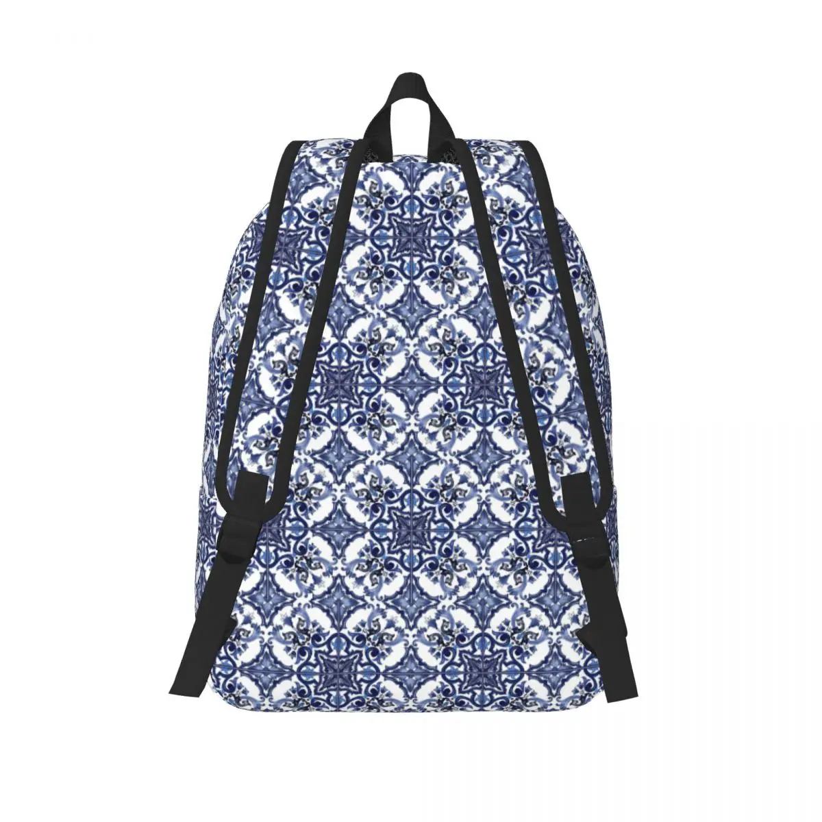 Blue Ornate Floral Mediterranean Sicilian Tile Student Backpack School Bag Hiking Travel Daypack Fashion Bookbag Shoulder Bags