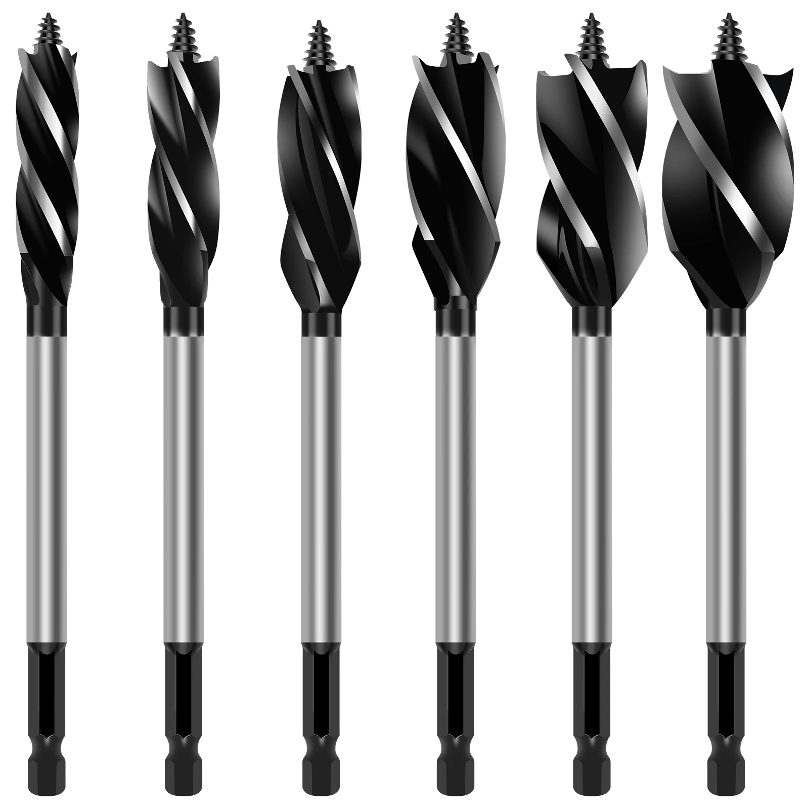 

6Pcs Wood Auger Drill Bit Set High Carbon Steel 4 Flute Cut Drilling Bit Kit Self Tapping Hex Shank Wood Hole Drill Bit Precise