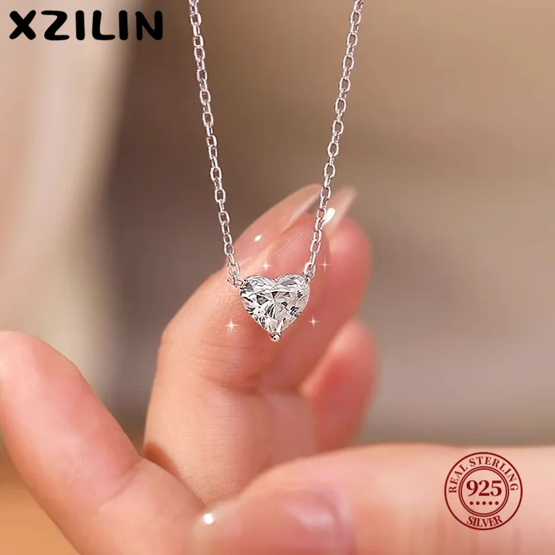 

XZiLin Real 925 Sterling Silver Small Zircon Heart Necklace Exquisite Pendant Chain For Women Girls Plated 14K Gold Jewelry Gift