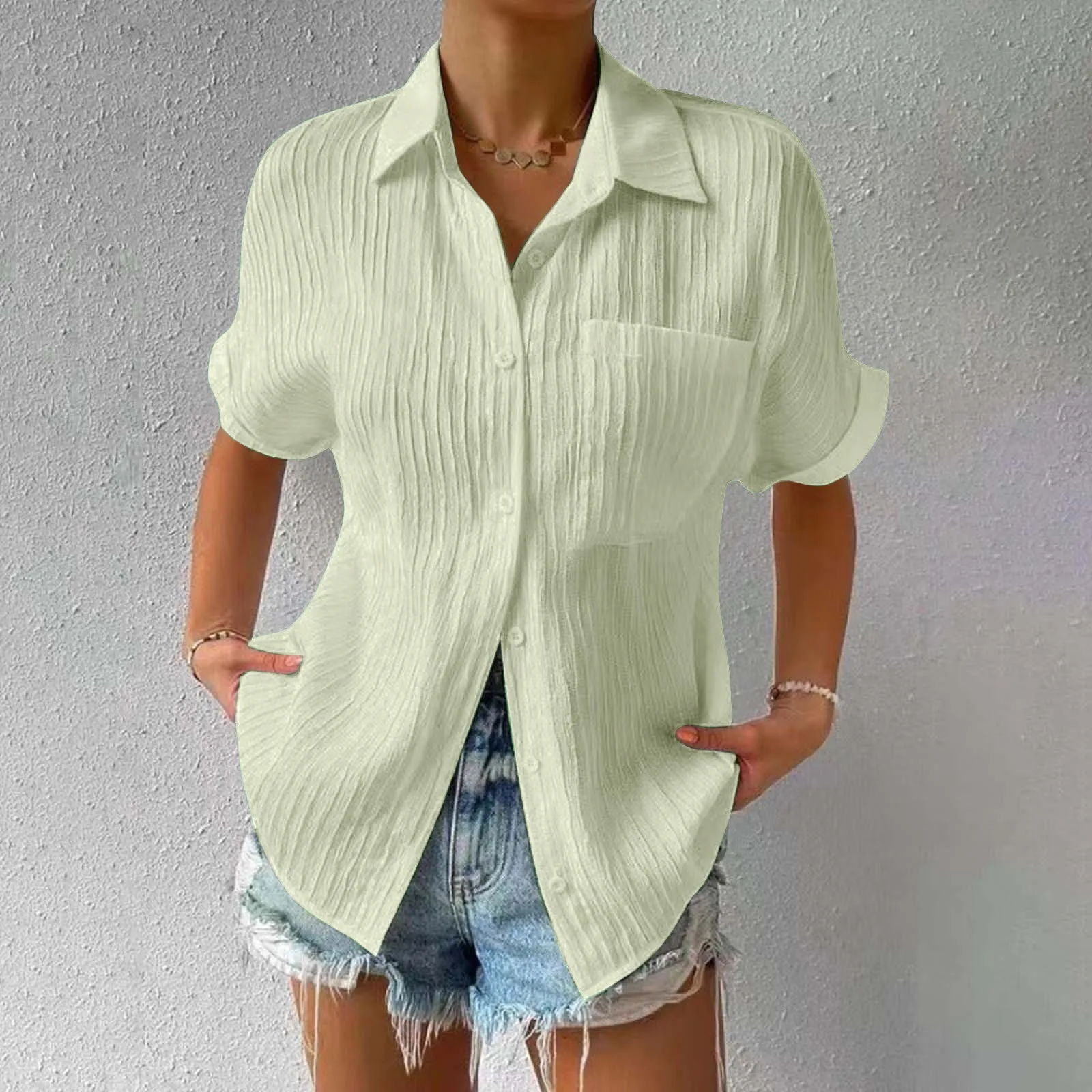 

Women'S Solid Color Striped Shirt Lapel Short Sleeve Pocket Button Classic Shirt Comfortable Casual All-In-One Fashion Shirt