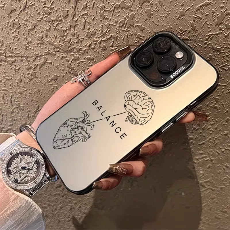 For iPhone 17 16 15 14 13 12 11 Pro Xs Max Plus Air Mini XR X 17e 16e Heart Brain Pattern Plating Silver Phone Case Back Cover - view 3