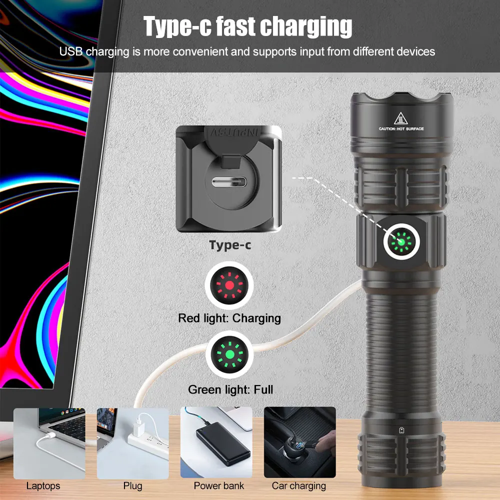 LED Tactical Hunting Flashlight White Zoomable Flashlight 2000LM Long-Range Laser Hiking Torch TYPE-C Rechargeable Remote Switch