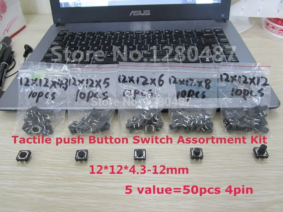 2set=100pcs 5 value 4pin 12x12x4.3-12mm Tactile Push Button Switch, Momentary Tact Switch Assortment Kit