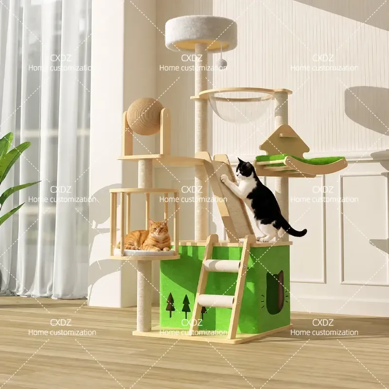 Cat Climbing Frame with Nest and Tree Integrated Wooden Shelf Large Sky Pillar Space Capsule Scratching Board for Cats