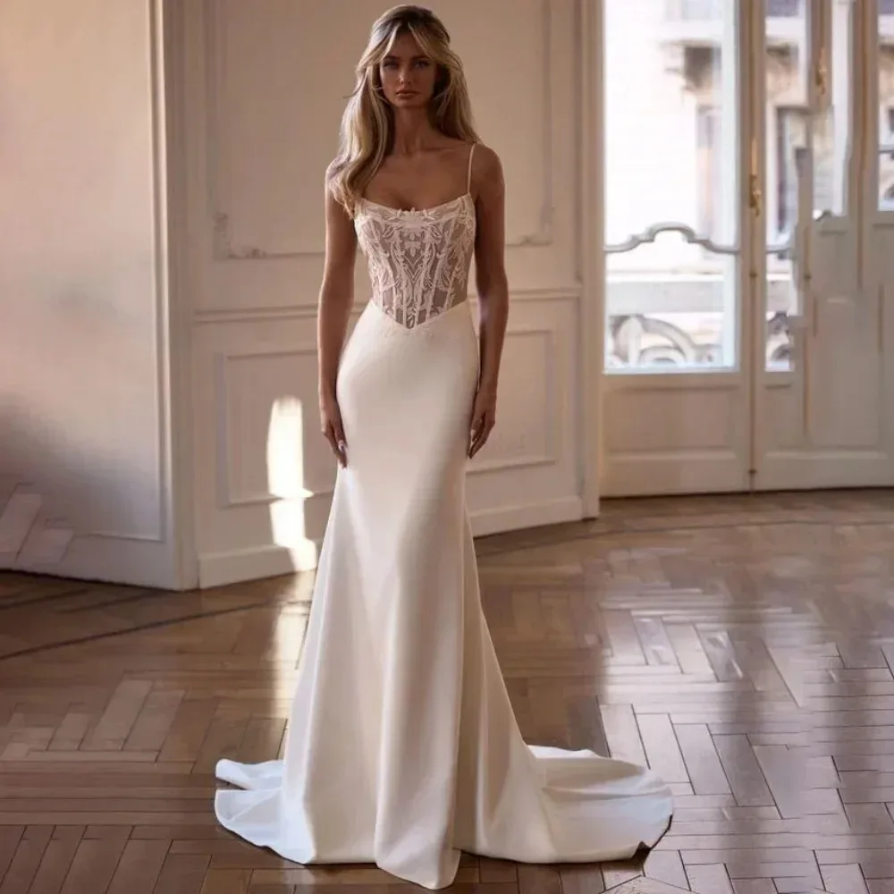 

Bohemaid Strapless Satin Lace High Quality Wedding Gown Illusion Back Mermaid Sexy Long Bridal Dress with Train Custom Made