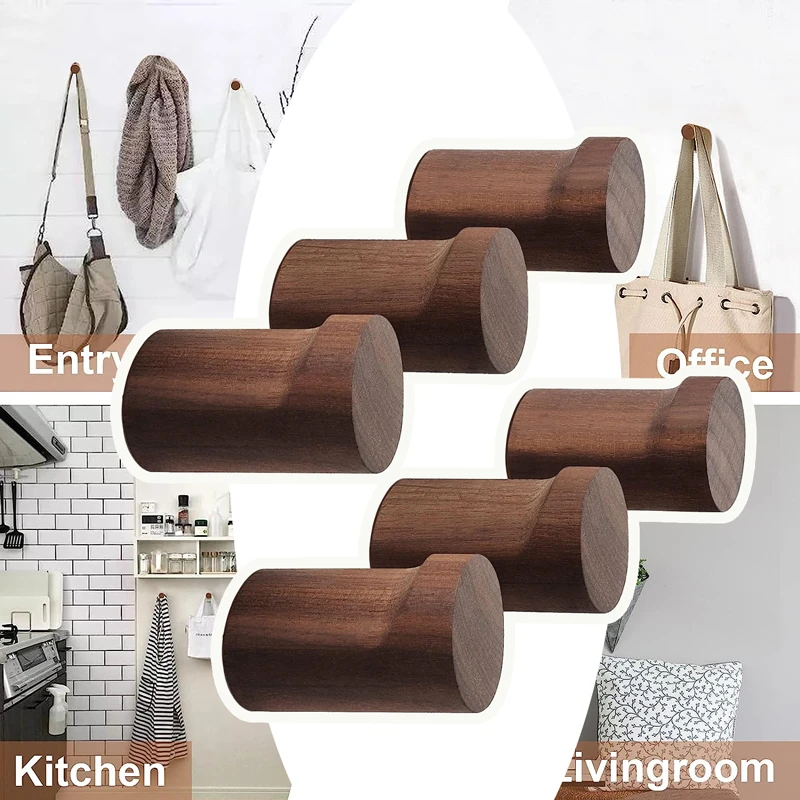 4/6PCS Wall Mounted Hanging Hooks Set Natural Wooden Coats Bags Hats Hanger with Screws Home Decoration