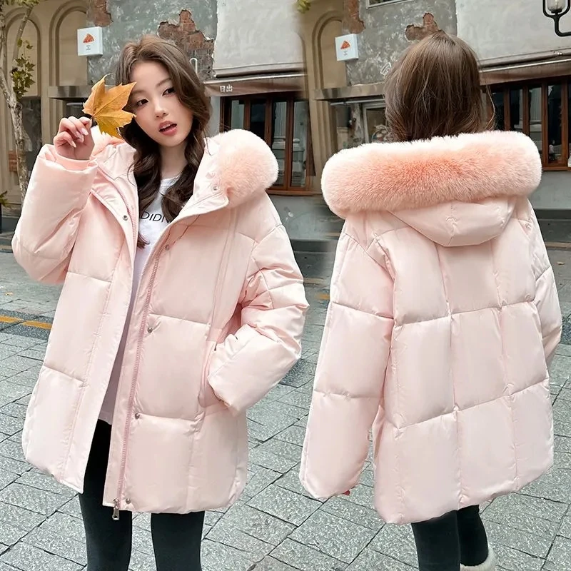 2026 Winter New Fur collar Medium long Thick Cotton Jacket Women's Korean version Loose Bread Jackets Female Warm Parka Overcoat