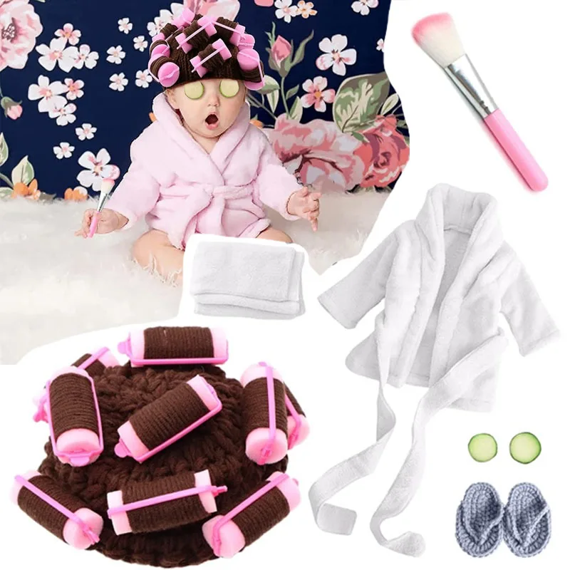 7pcs/ Newborn Photography Props Newborn Girl Photoshoot Outfits Crochet Baby Curler Hat with Makeup Brush for Infant Boys Girls