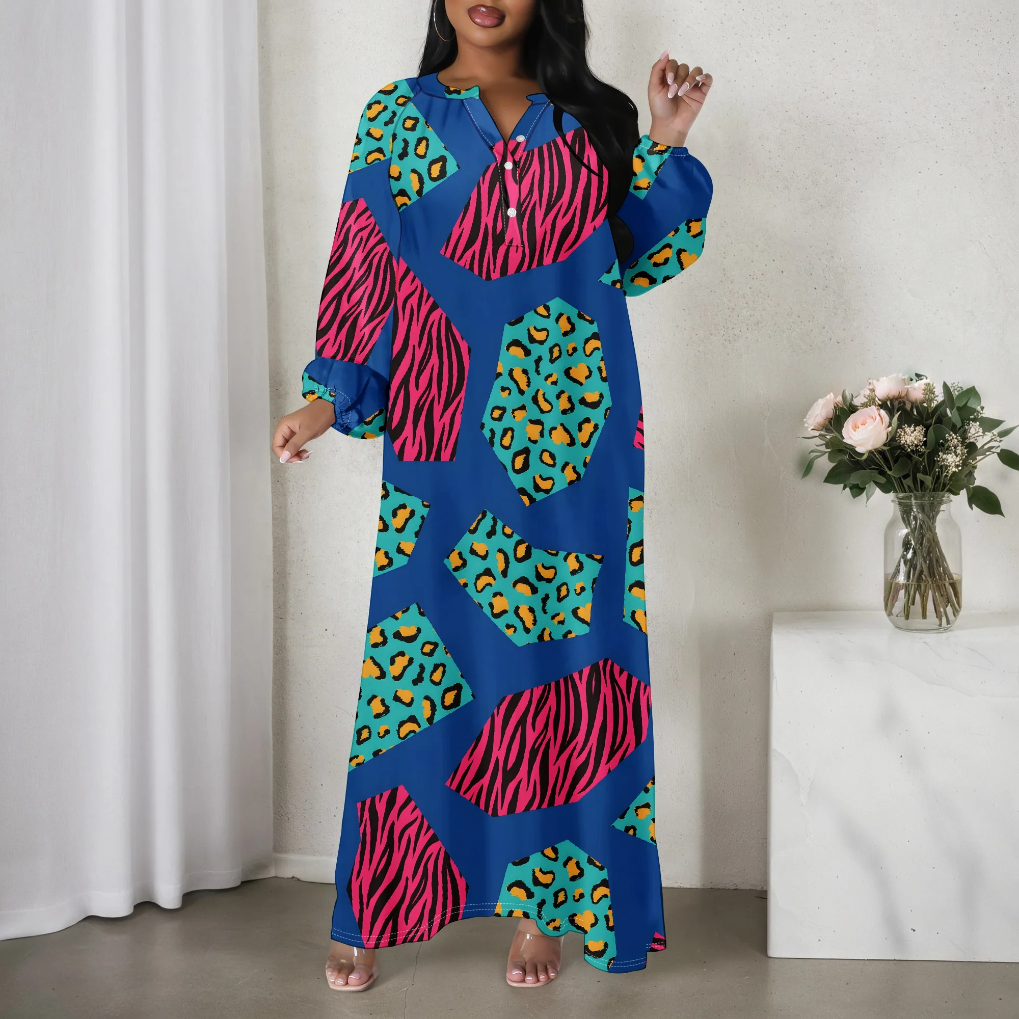 

Women's Long Sleeved Loose V-neck Dress, Fashionable Striped Printed Dress