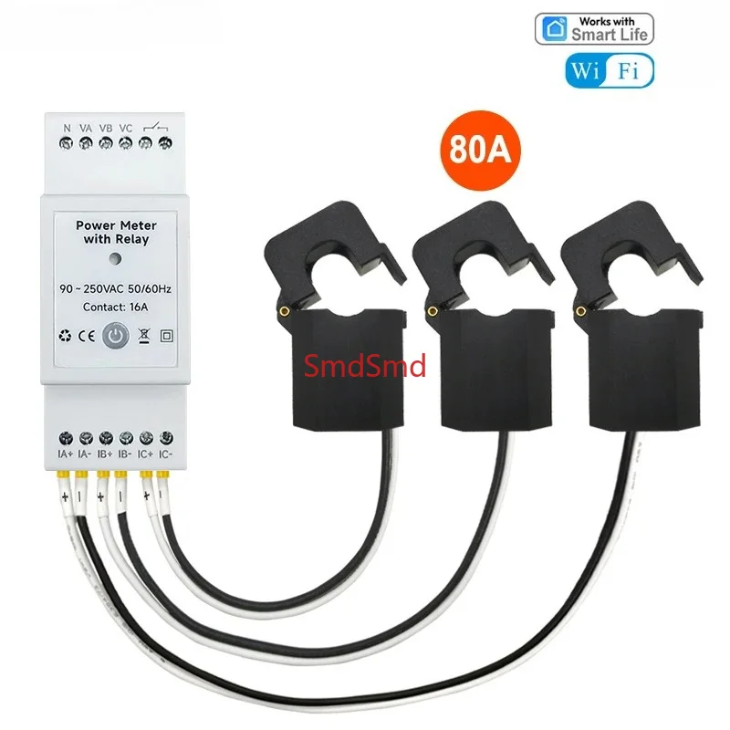 Smart WiFi Energy Monitor 3 Phase with Dry Contact ON OFF Switch App Monitor Export Import Power 80A AC110V/240V