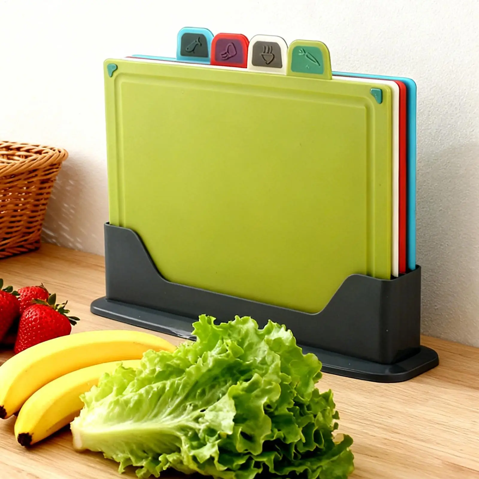 4Pcs Color-Coded Plastic Cutting Board Set with Storage Stand Thicker Chopping Board Set Slip-Resistant Design
