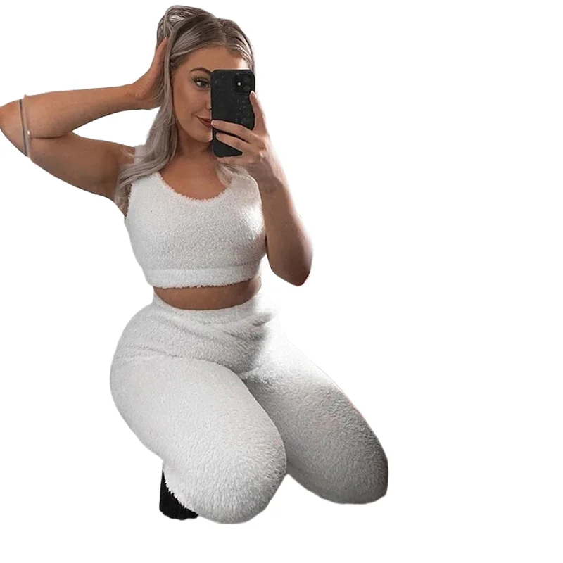 

Casual Solid Slim Plush Suit Fashion Sleeveless Short Vest Top Elastic Waist Trousers Two Piece Autumn New Home Sports Suit