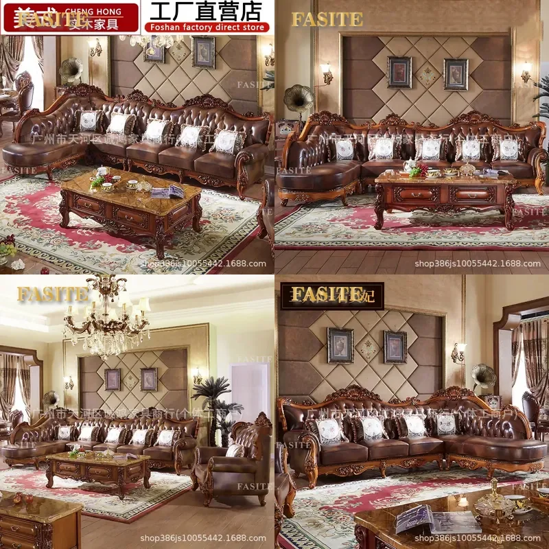 For European Style All Solid Wood Leather Sofa Carved Retro Luxury 7 Seater L Shaped Corner Villa American Living Room