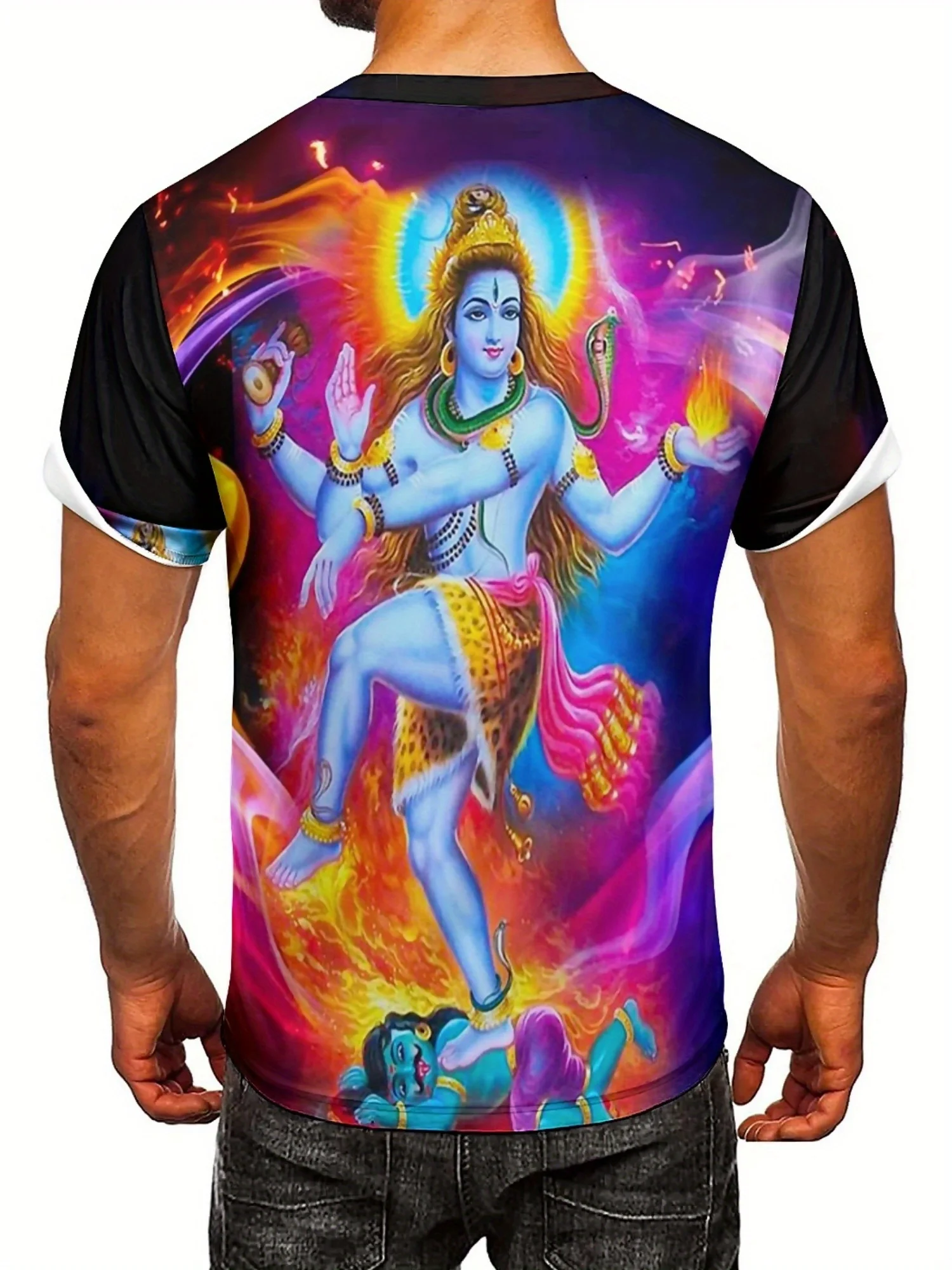 เสื้อยืดกราฟิกเทพเจ้าฮินดูที่มีชีวิตชีวาสำหรับผู้ชาย - โพลีเอสเตอร์เนื้อนุ่ม แขนสั้น คอกลม ใส่สบายและลำลอง