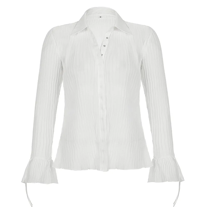 Women Slim Fit See through Lapel Shirts White Button Fashion Long Flare Sleeves Ruffles y2k Shirt 2024 Aesthetic Sexy Streetwear