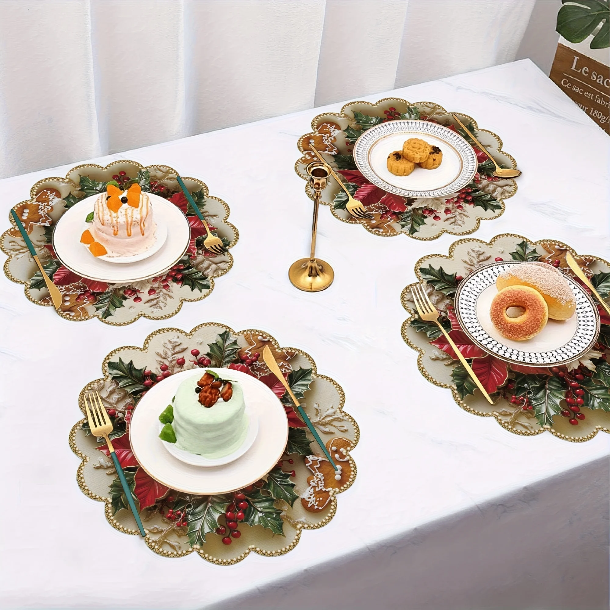 VIKAMA Poinsettia Gingerbread Scalloped Round Placemat Xmas Table Mat Waterproof Heat Resistent Plate Pad Holiday Dining Decor view 2