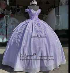 Sweet Princess Light Purple Quinceanera Dresses Ball Gown 15 Dress Off The Shoulder Wedding Gowns 3D Flowers vestidos de bal