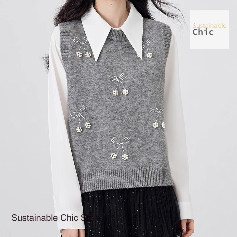 Korean style round neck Korean beaded knit vest women's spring and autumn new embroidered flower vest sleeveless sweater